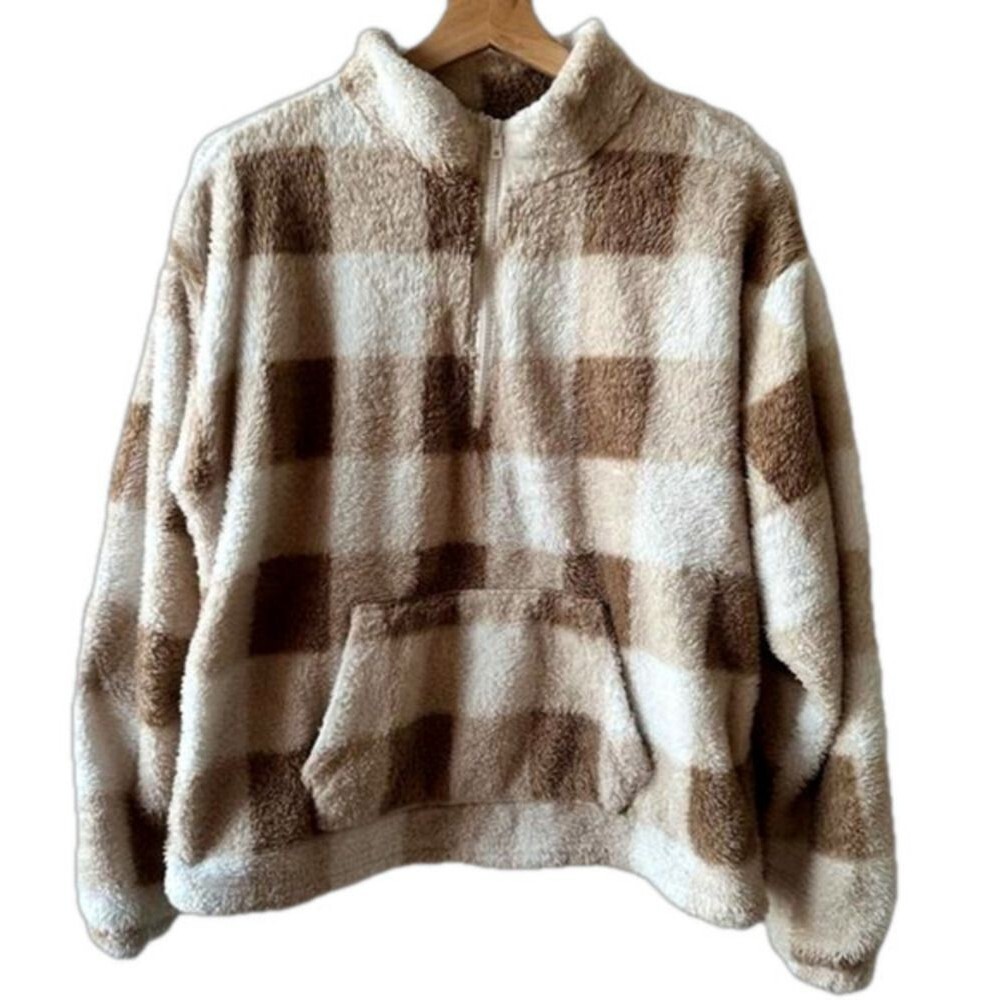 Forever 21 Tan Plaid Sherpa Half Zip Pullover Medium Teddy Bear Fleece Fuzzy